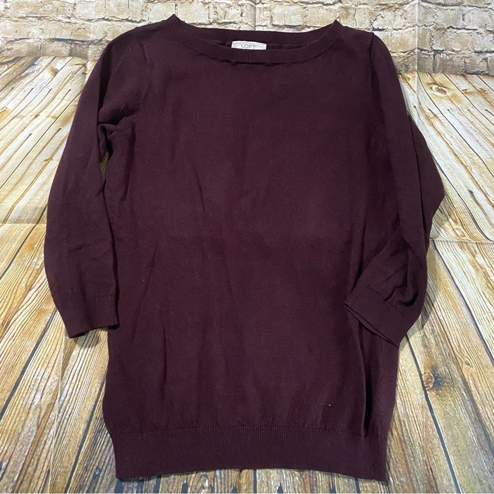 LOFT Maroon Cotton 3/4 Sleeve Thin Knit Sweater